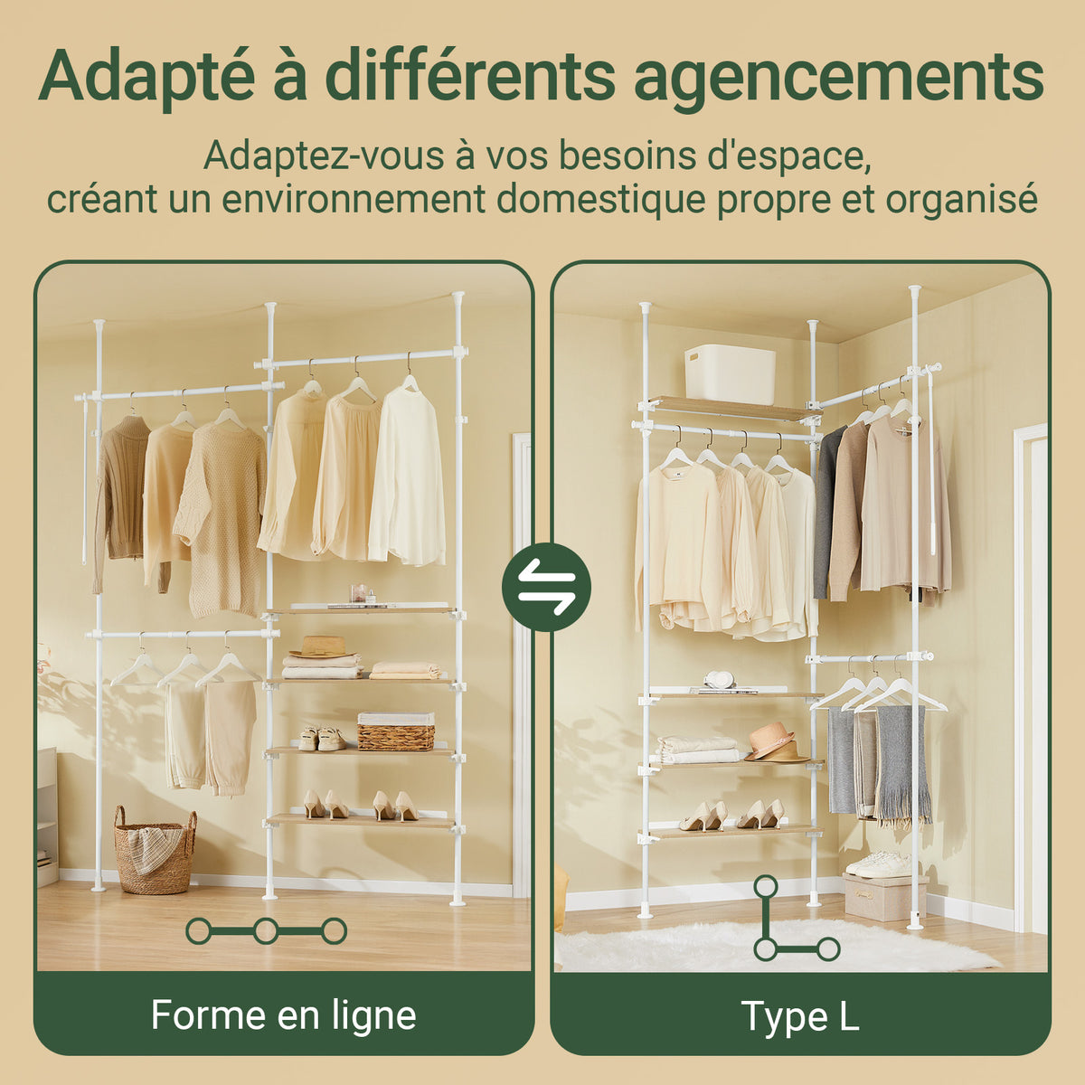 SoBuy KLS17-WN Portant à vêtements télescopique avec 3 tringles et 4 étagères – Blanc / Bois naturel