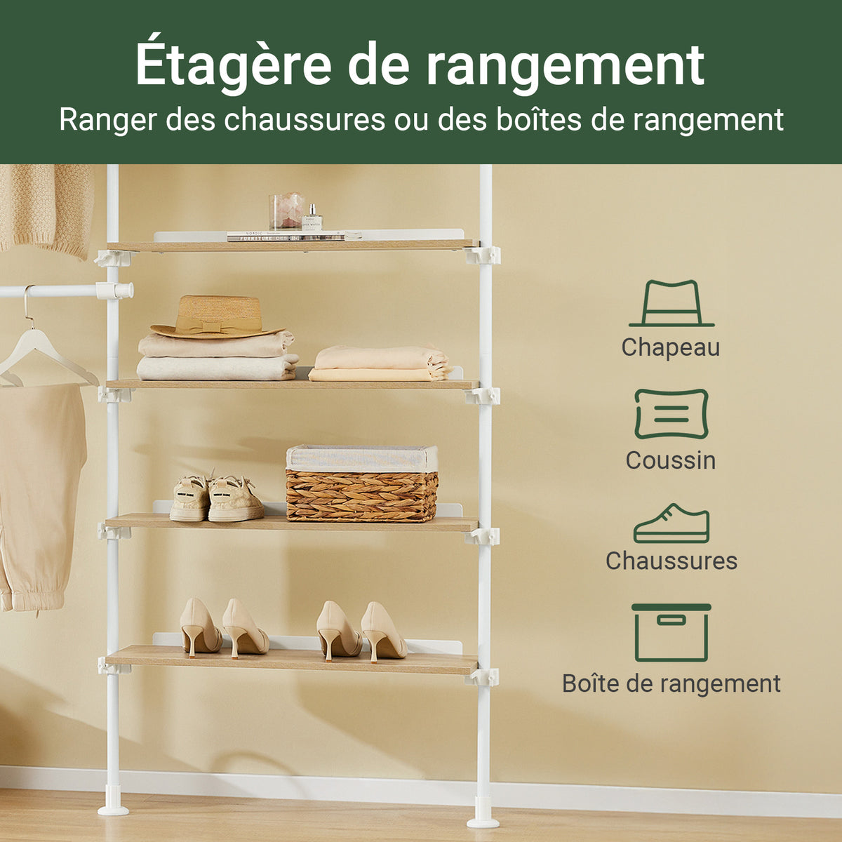 SoBuy KLS17-WN Portant à vêtements télescopique avec 3 tringles et 4 étagères – Blanc / Bois naturel