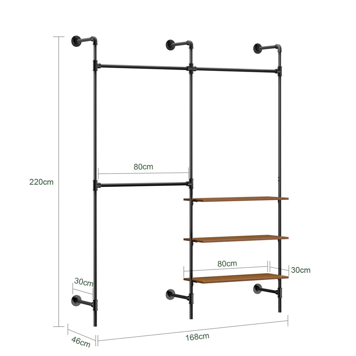 SoBuy KLS18-SCH Portant à Vêtements Mural Industriel – 3 Tringles, 3 Étagères, 220 cm, Noir