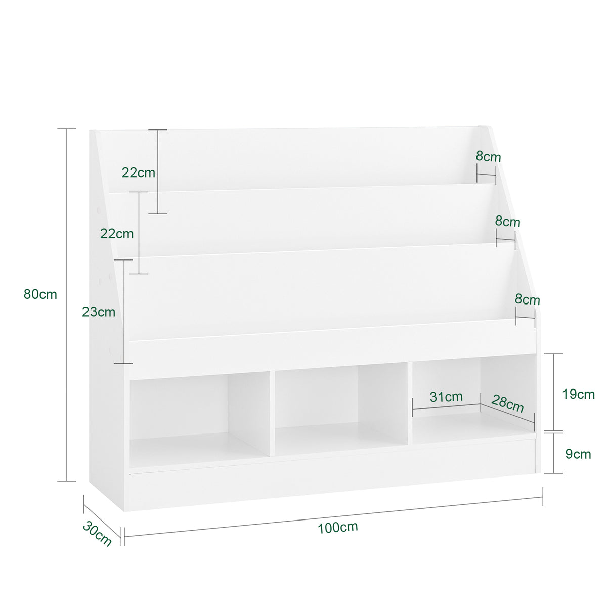 SoBuy KMB118-W Bibliothèque Enfant avec Étagère Supérieure et 3 Compartiments, Coins Arrondis et Dispositif Anti-Basculement – L100×P30×H80 cm, PB E1, Blanc