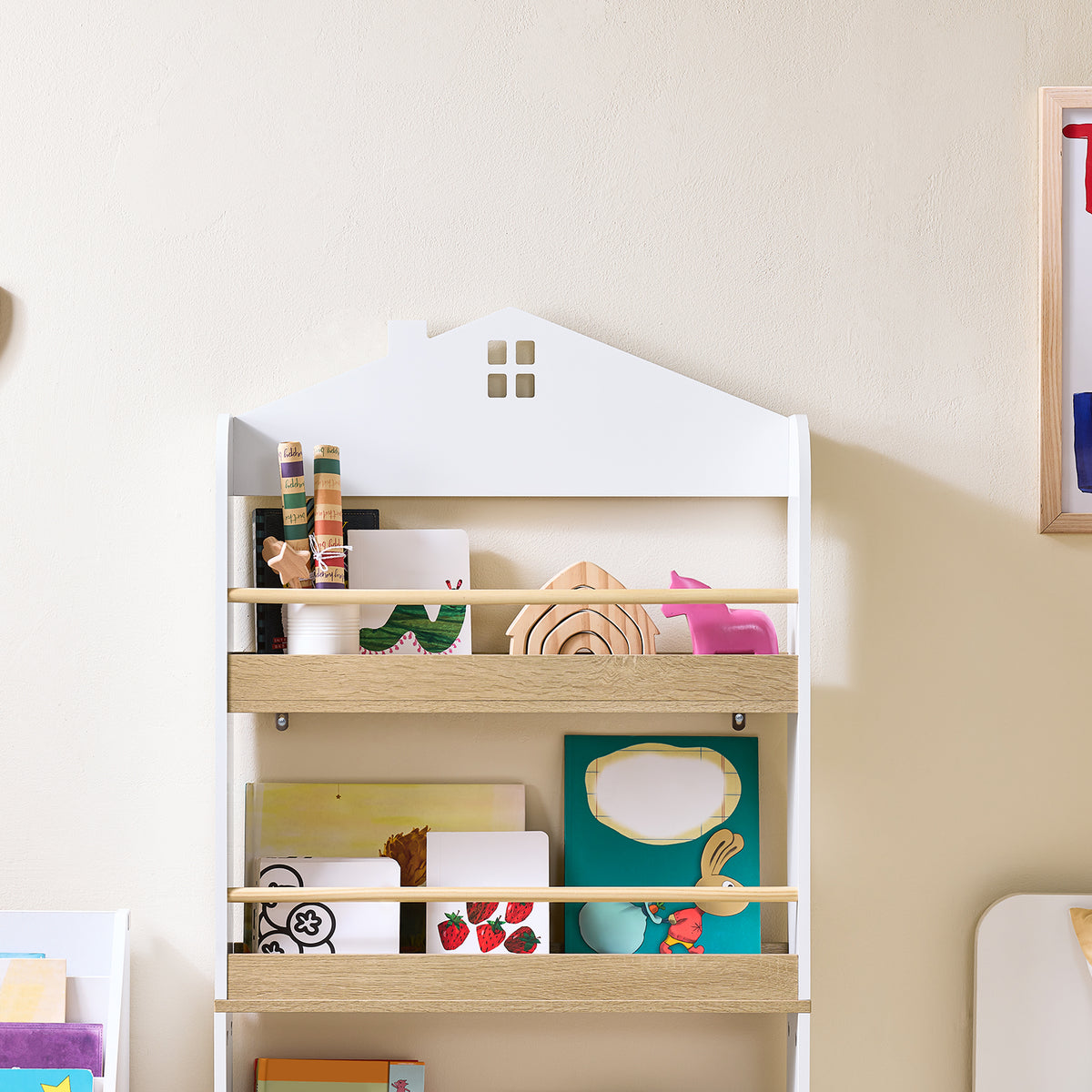 SoBuy KMB121-WN Bibliotheque Enfant Étagère Livre Enfant 4 Niveaux Meuble Rangement Jouet Bibliothèque Meuble de Rangement Etagere Chambre Blanc-Naturel 60x15x130.5 cm