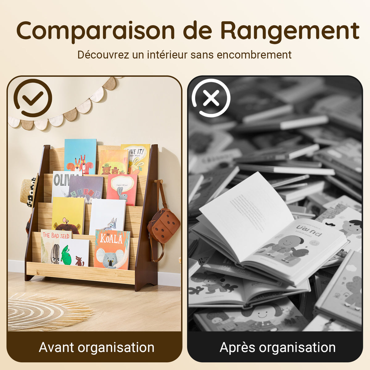 SoBuy KMB32-N Bibliothèque Enfant 4 Niveaux avec 2 Crochets – Meuble Rangement Chambre Enfant – Bois Naturel