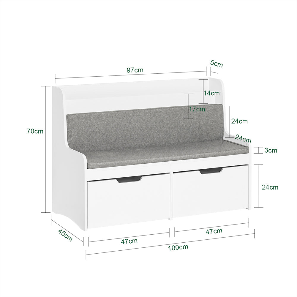SoBuy KMB66-W Coffre de Rangement Enfants, Banc de Rangement pour Enfants avec Bibliothèque, 2 Tiroirs sur roulettes et Coussin d'assise, 100 x 45 x 70 cm, Blanc