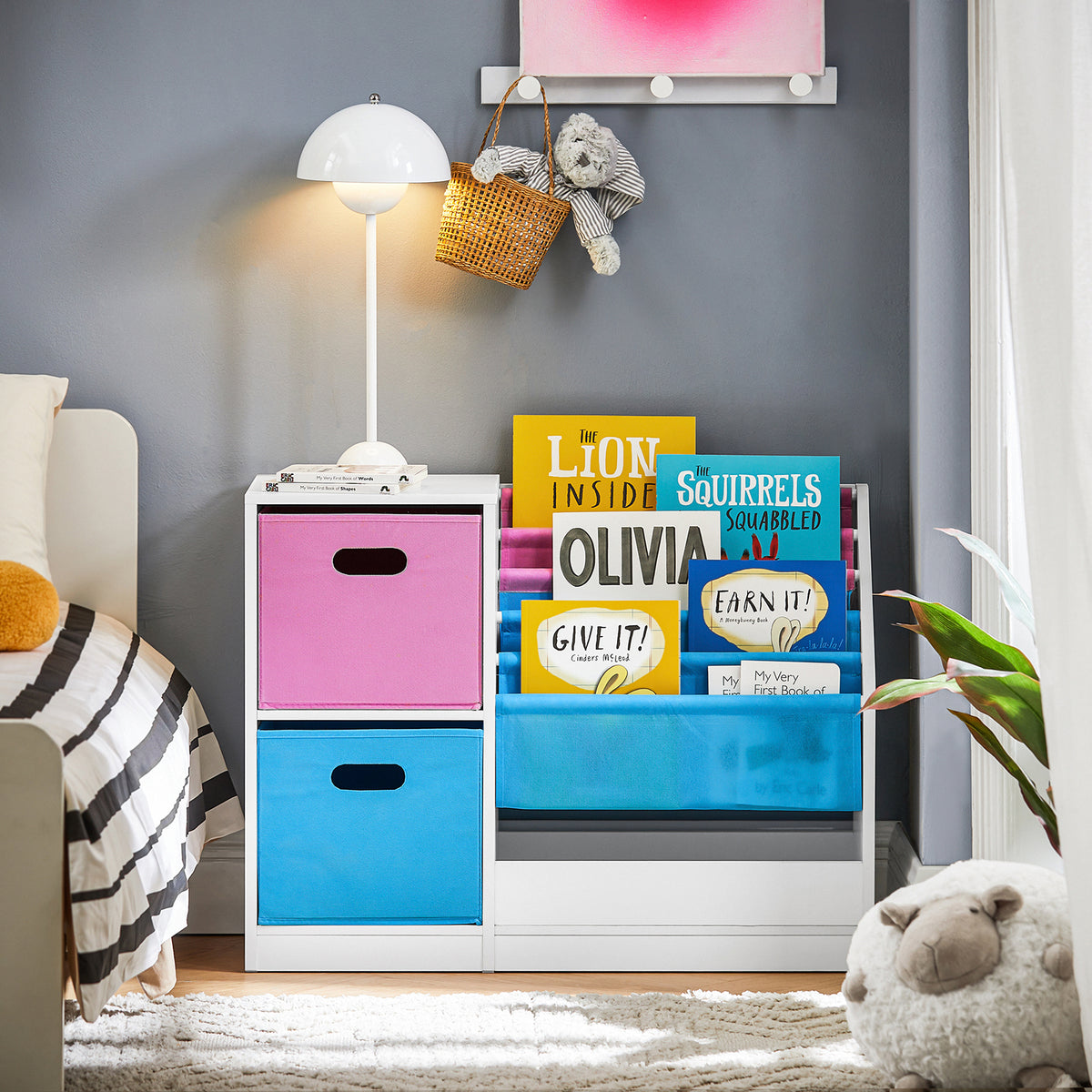 SoBuy KMB76-F Bibliothèque pour Enfants, Organisateur Jouets et Livres pour Enfants avec 2 Paniers, 5 Étagères et 1 Compartiment
