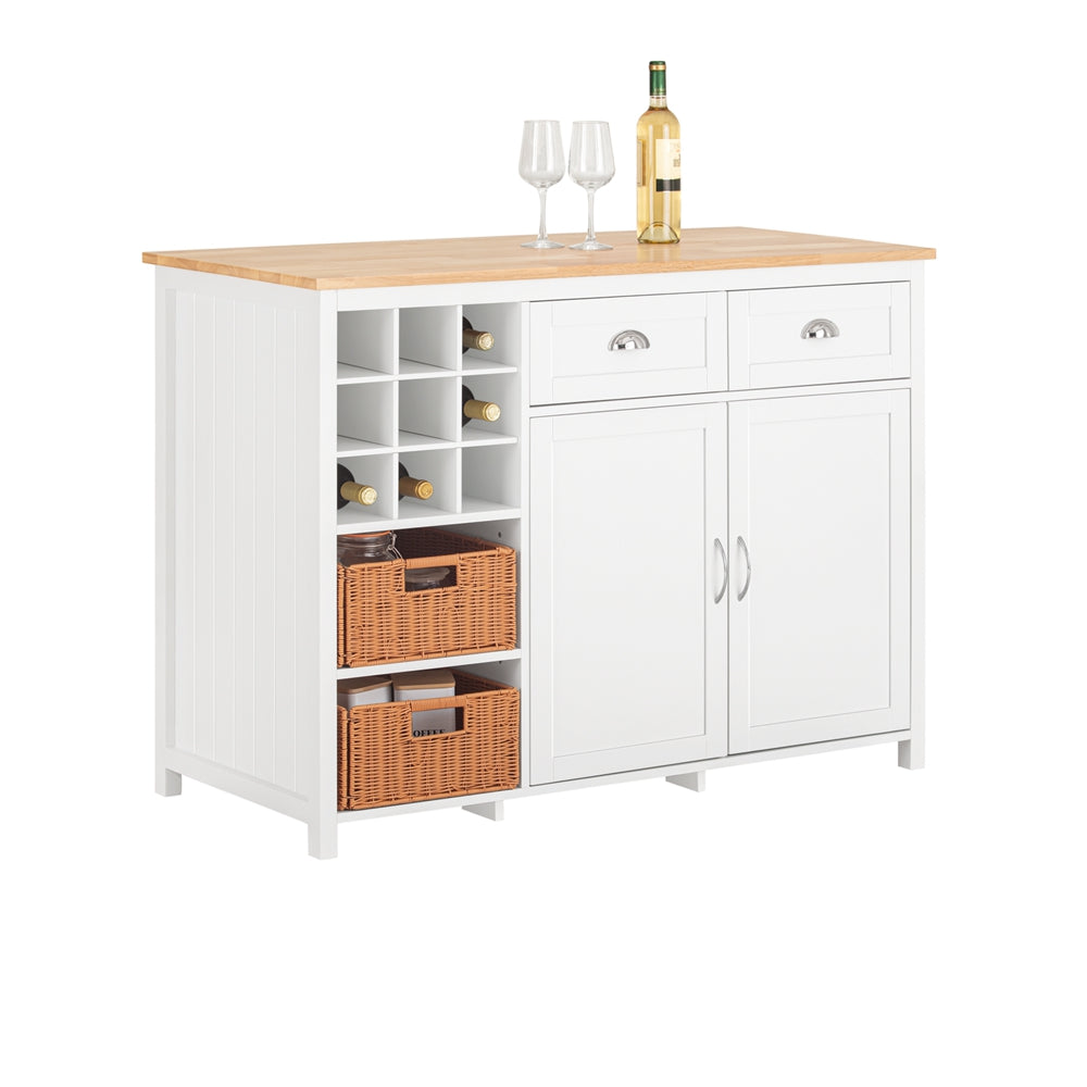 SoBuy KNL05-W Ìlot de Cuisine 120 cm – Meuble Ìlot Central avec Casier à Vin, 2 Tiroirs et Bois Hévéa – Blanc
