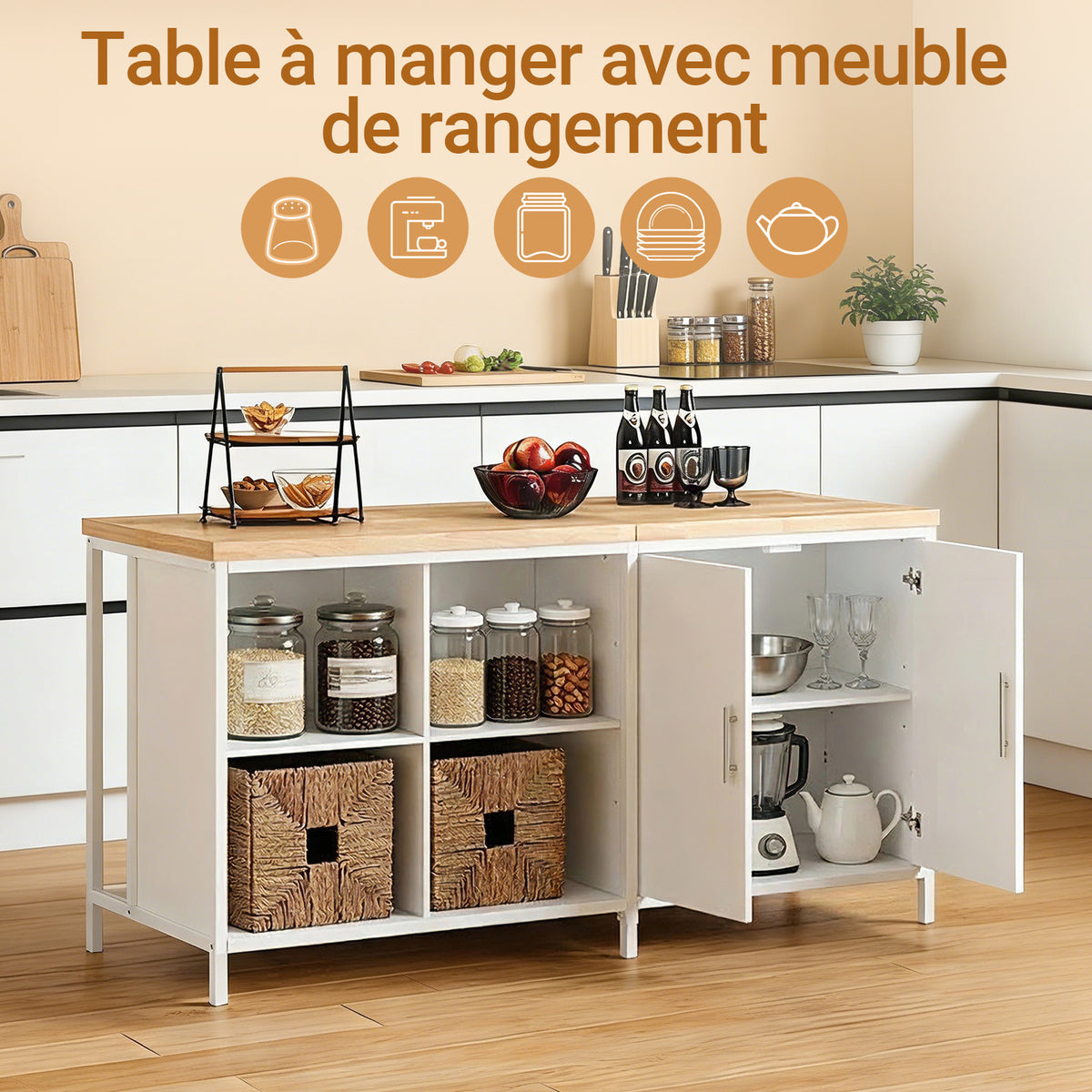 SoBuy KNL09-WN Ìlot Central de Cuisine 3-en-1 – Buffet, Table Bar et Plan de Travail, 170×60×89 cm, Blanc & Bois