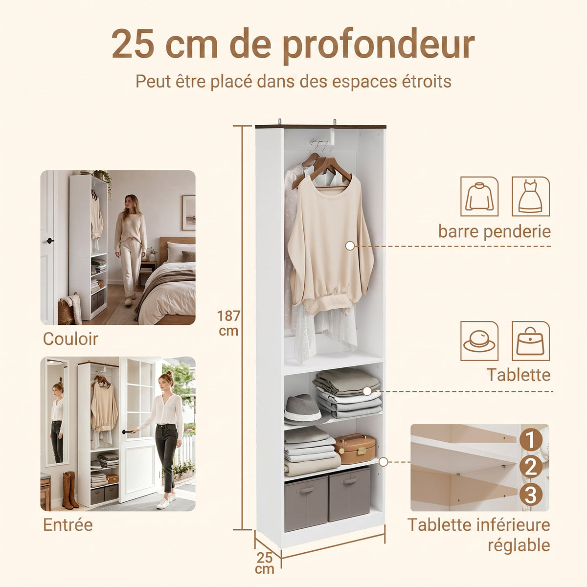 SoBuy KSB02-W Dressing Ouvert avec Tringle et Étagères – Penderie Compacte Bicolore, Gain de Place – 55×25×187 cm, Blanc et Bois