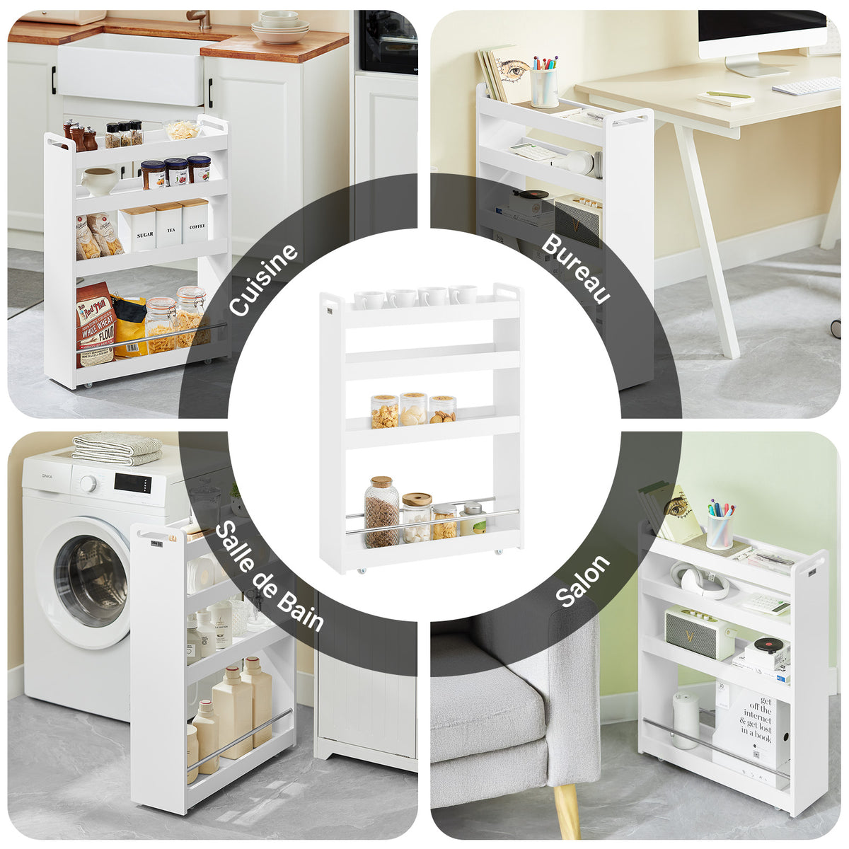 SoBuy NSR01-W Chariot de Rangement avec Roues et 4 Niveaux, Format Compact, Rangement Optimisé, Design Fonctionnel, Usage Quotidien – L60×P18×H82 cm, Blanc