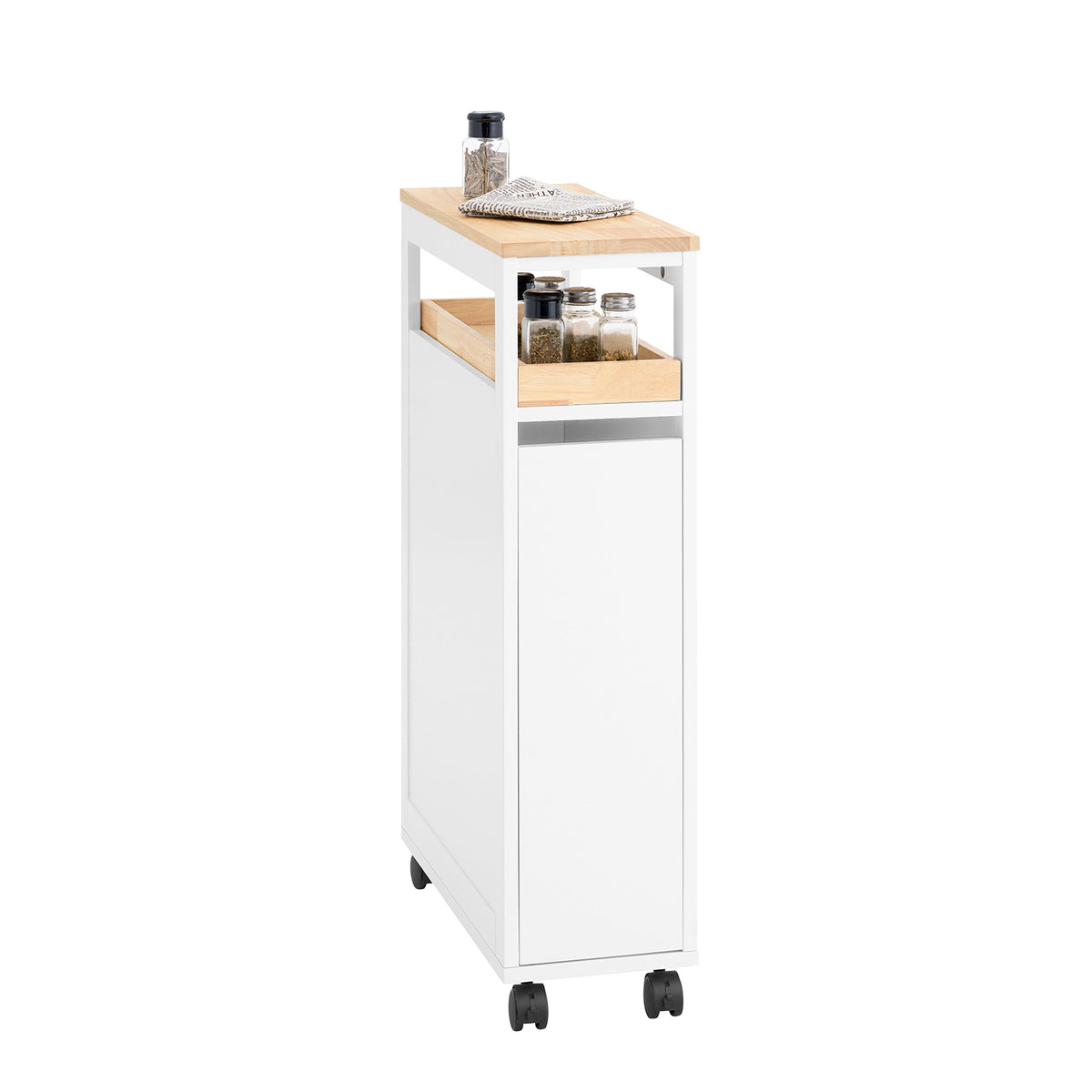 SoBuy NSR11-WN Chariot de Cuisine à Roulettes Slim 20 cm, Plan de Travail Bois, Tiroir 2 Niveaux, 4 Roulettes – L20 × P51 × H