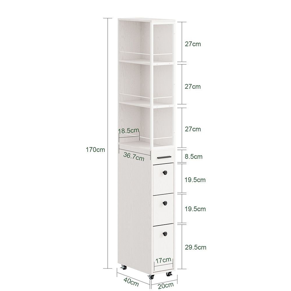 SoBuy NSR13-WG Chariot de Rangement Étroit 20 cm sur Roulettes, 170 cm de Haut, 3 Tiroirs et 3 Étagères, Barres Anti-chute – Blanc