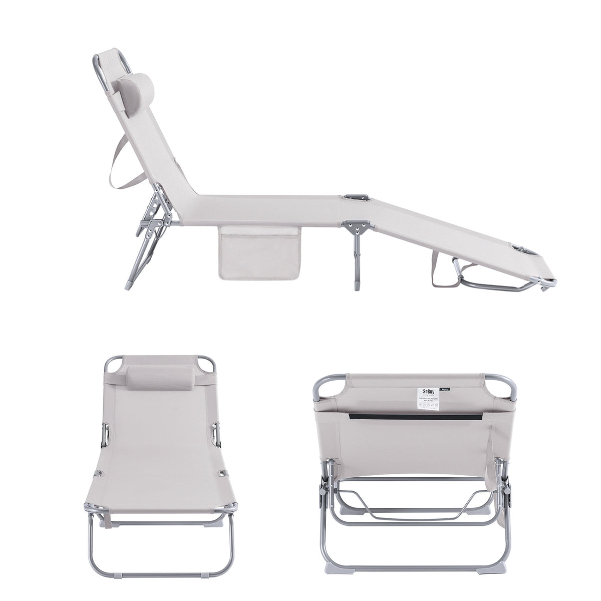 SoBuy OGS35-MIx2 Lot de 2 Transats de Jardin Pliable avec Oreiller et Poche Latérale, Chaise Longue Relax, Design Fonctionnel – L155×P56×H81 cm, Beige