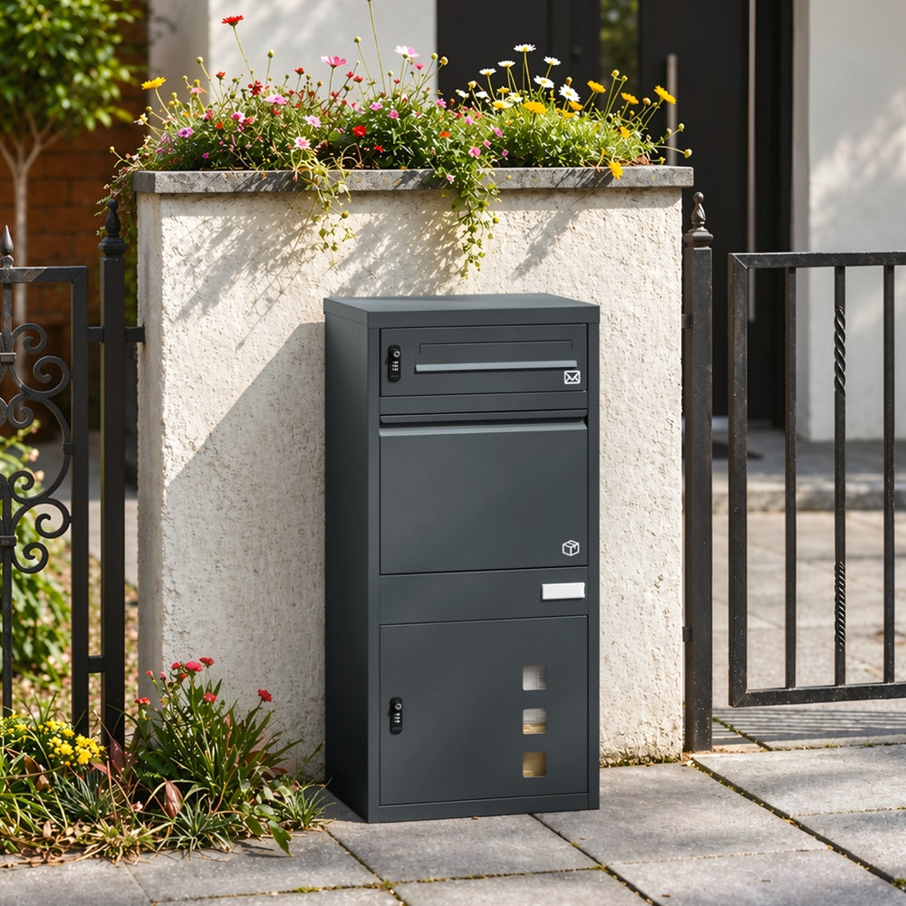 SoBuy OGS66-DG Boîte aux Lettres avec Compartiment Colis Anthracite – Boîte à Colis XXL sur Pied avec Serrure à Code, Coffre de Livraison Extérieur en Acier – 55×35×105 cm, Charge 34 kg