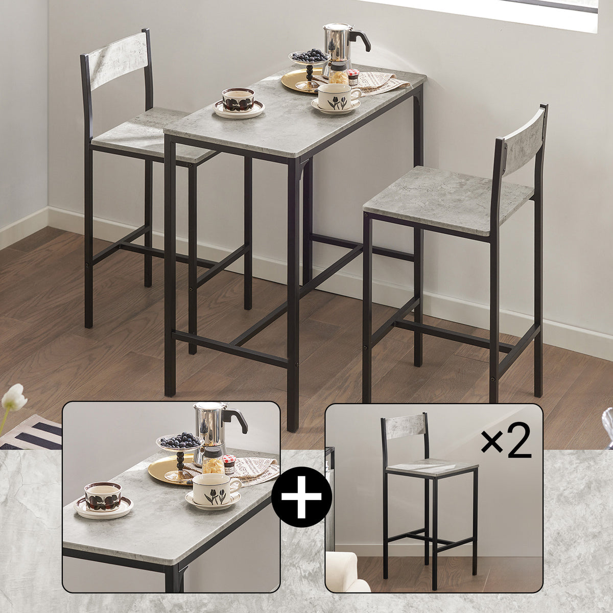 SoBuy OGT03-HG Ensemble Table Haute + 2 Tabourets – Table 87 cm, Tabourets Rangeables, Style Industriel Bois et Métal Noir