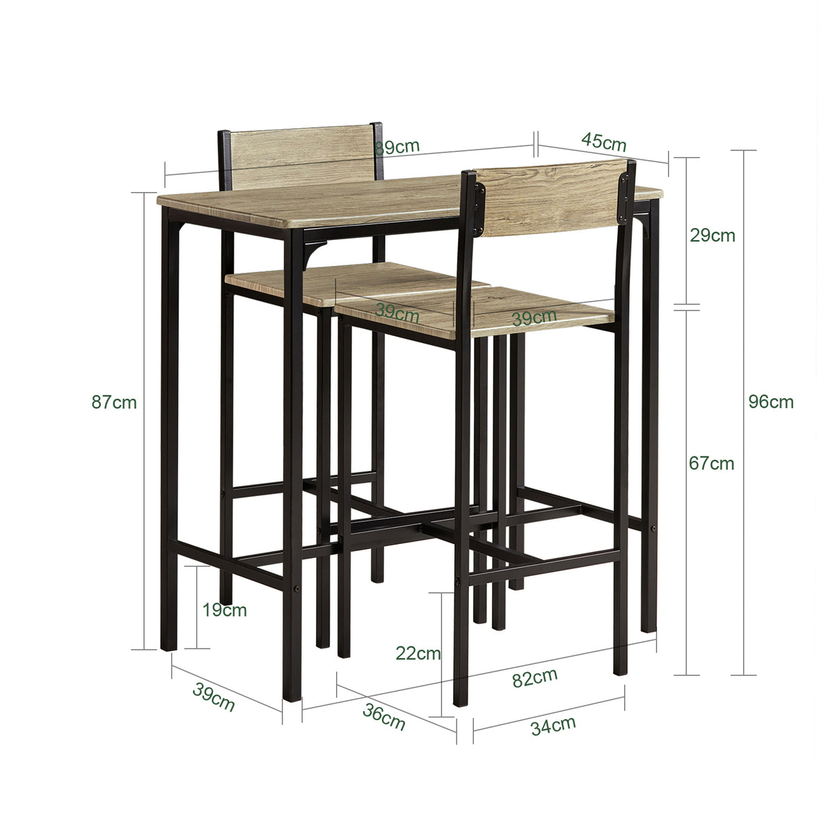 SoBuy OGT03-N Ensemble Table Haute avec 1 Table et 2 Tabourets, Format Gain de Place, Format Compact, Style Industriel, Usage Quotidien – Bois + Métal, Naturel