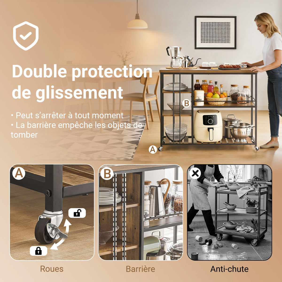 SoBuy SVW18-II-F Desserte de Cuisine à Roulettes, 3 Étagères Réglables, Barrières Anti-chute et Cadre Métallique – Style Industriel, 110×45×92 cm