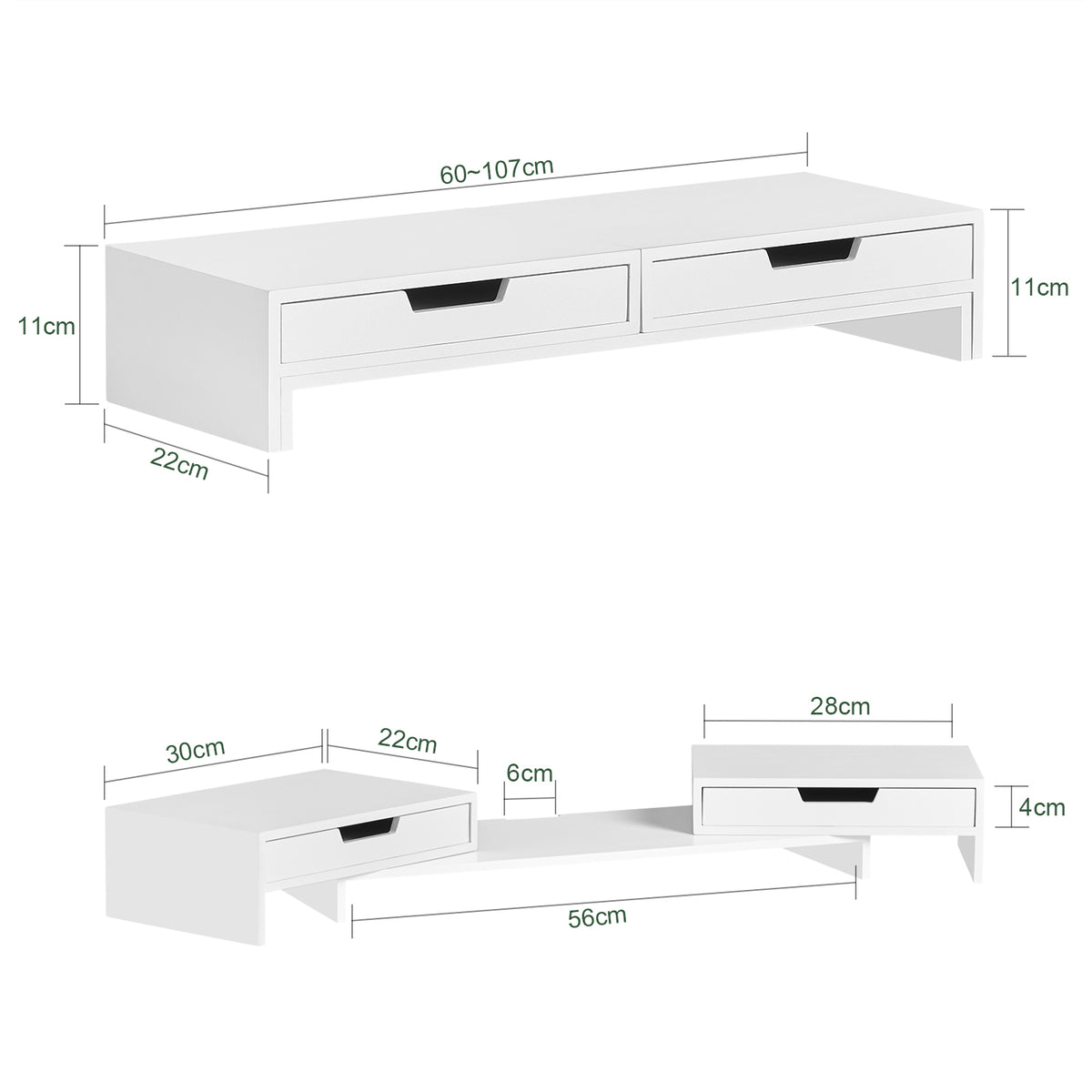 SoBuy BBF04-W Rehausseur Écran PC Bureau avec 2 Tiroirs Support Écran PC Rehausseur Ordinateur Portable Support Moniteur Réglable Blanc 60–107x22x11cm
