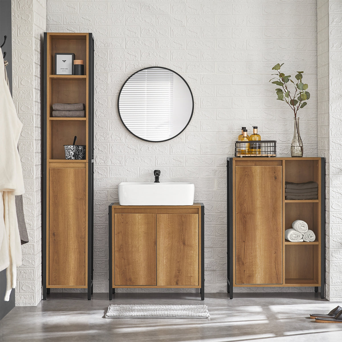 SoBuy BZR65-PF Meuble Salle de Bain avec Panier à Linge Amovible et 3 Étagères Ouvertes – L60×P30×H90 cm, Charge 40 kg, Bois-Métal Beige
