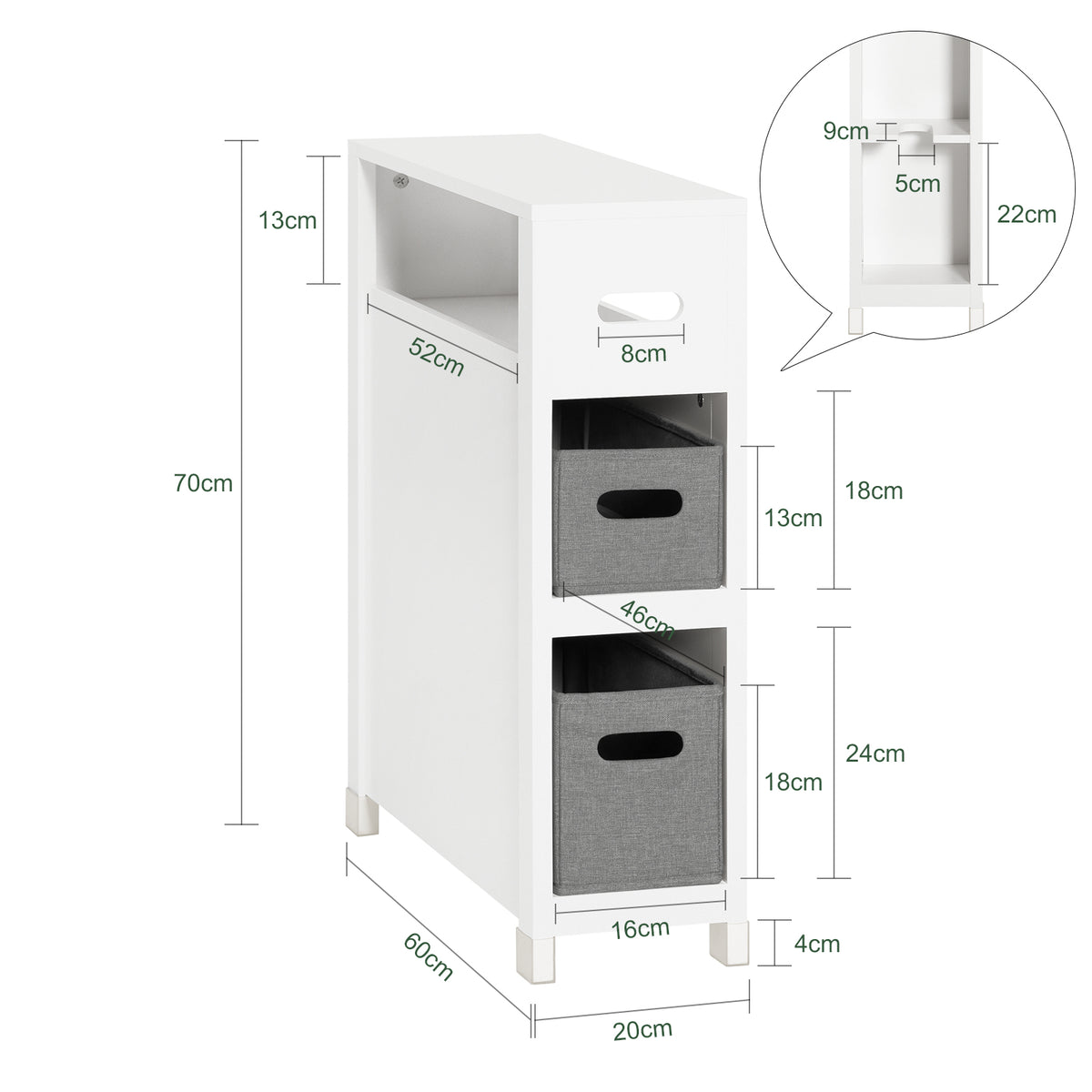 SoBuy BZR83-W Meuble de Rangement Salle de Bain Étroit, Support Papier Toilette, Armoire Toilettes WC avec 2 Paniers Amovibles Rangement Polyvalente