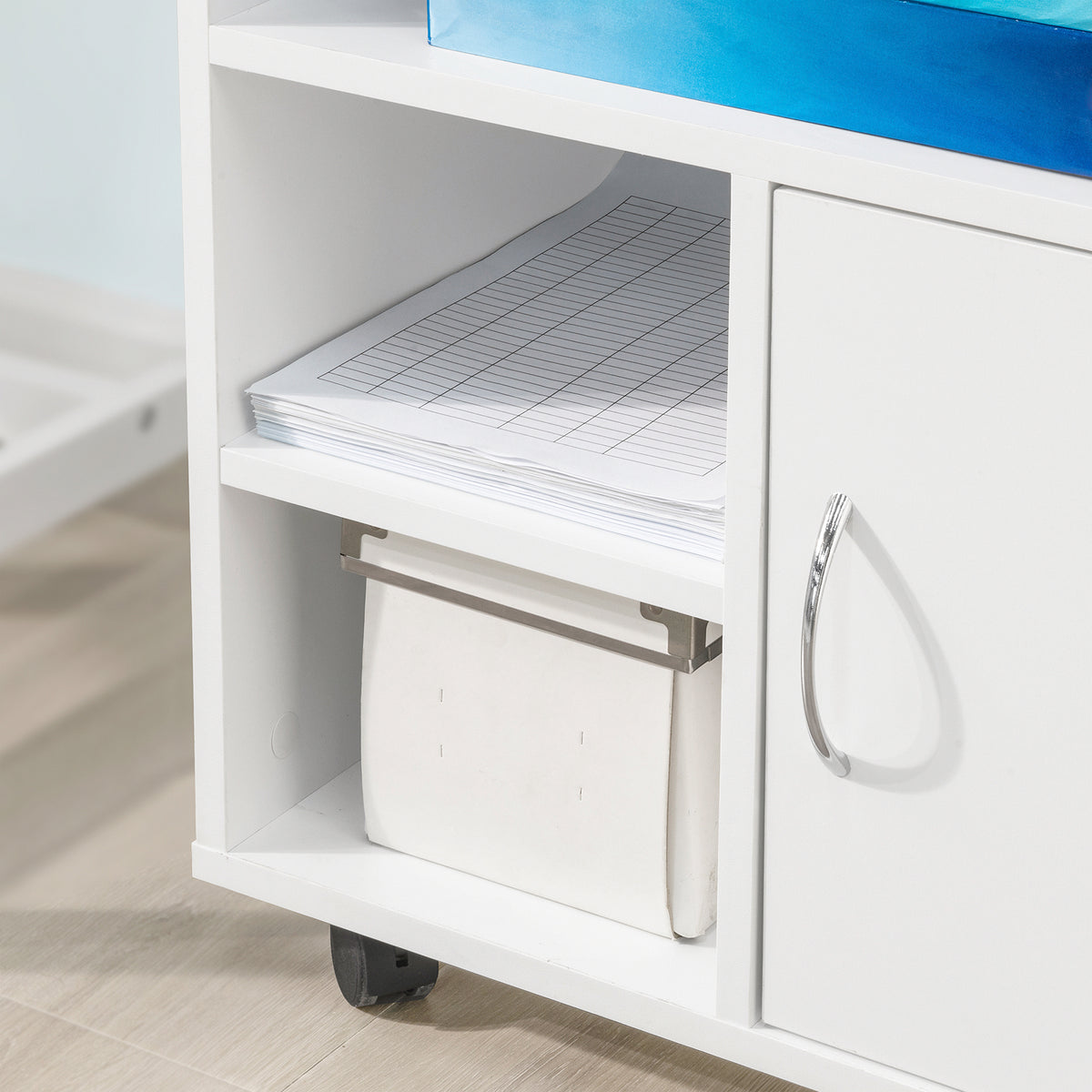 SoBuy FBT106-W Support Imprimante Roulant Bureau Mobile Caisson Meuble de Rangement Bureau avec tiroir et porte Blanc