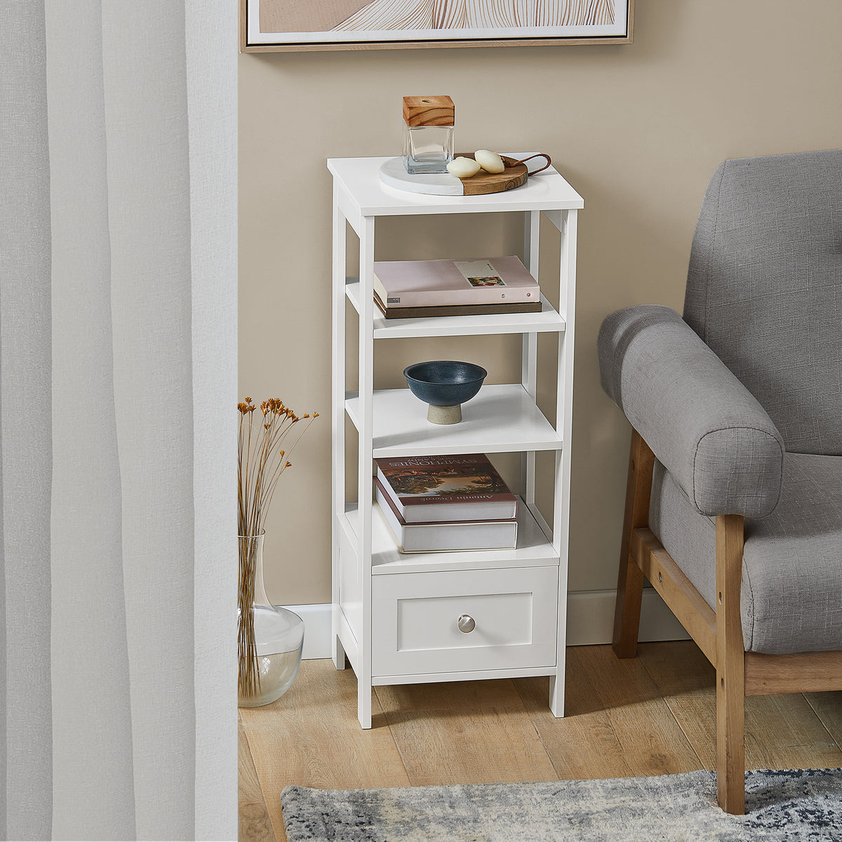 SoBuy FBT91-W Table d’Appoint Haute Bout de Canapé pour Salon Bureau Cuisine en 3 niveaux avec 1 tiroir