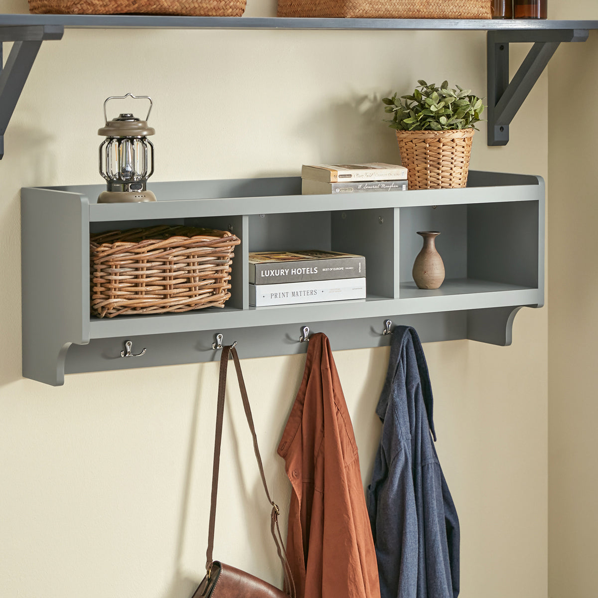 SoBuy FHK28-HG Porte Manteau Mural, Étagère de Rangement, Meuble Entrée, Vestiaire avec 3 Compartiments et 4 Crochets Doubles, 100x25x35 cm, Gris