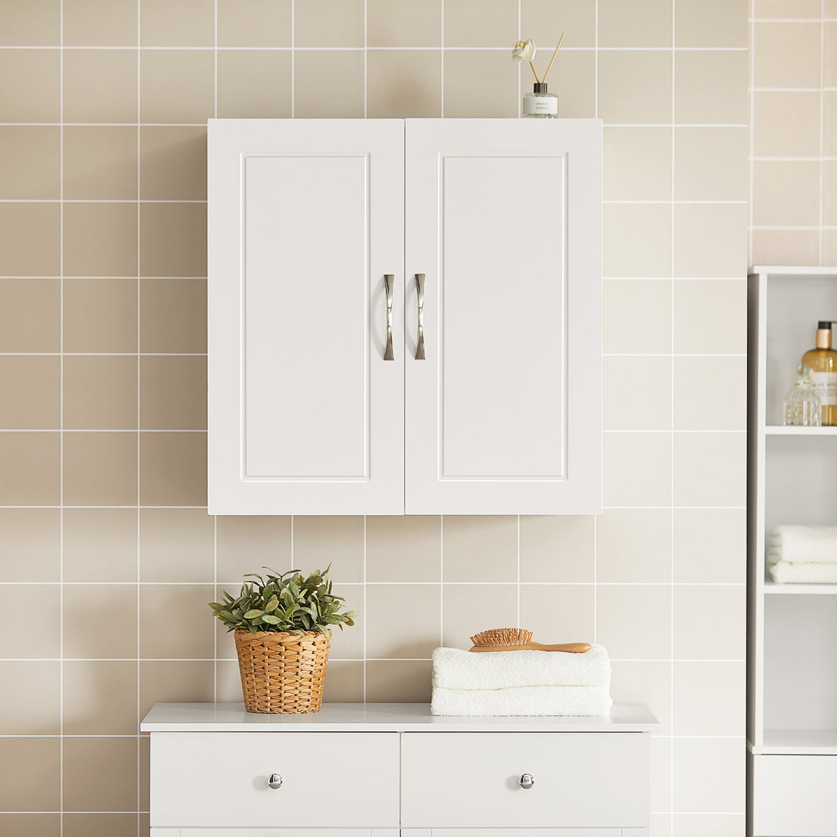 sebuyfr.comG231-W Armoire Murale Salle de Bain avec Porte et Étagère Réglable – L60×P30×H60 cm, Charge 25 kg, MDF E1, Blanc