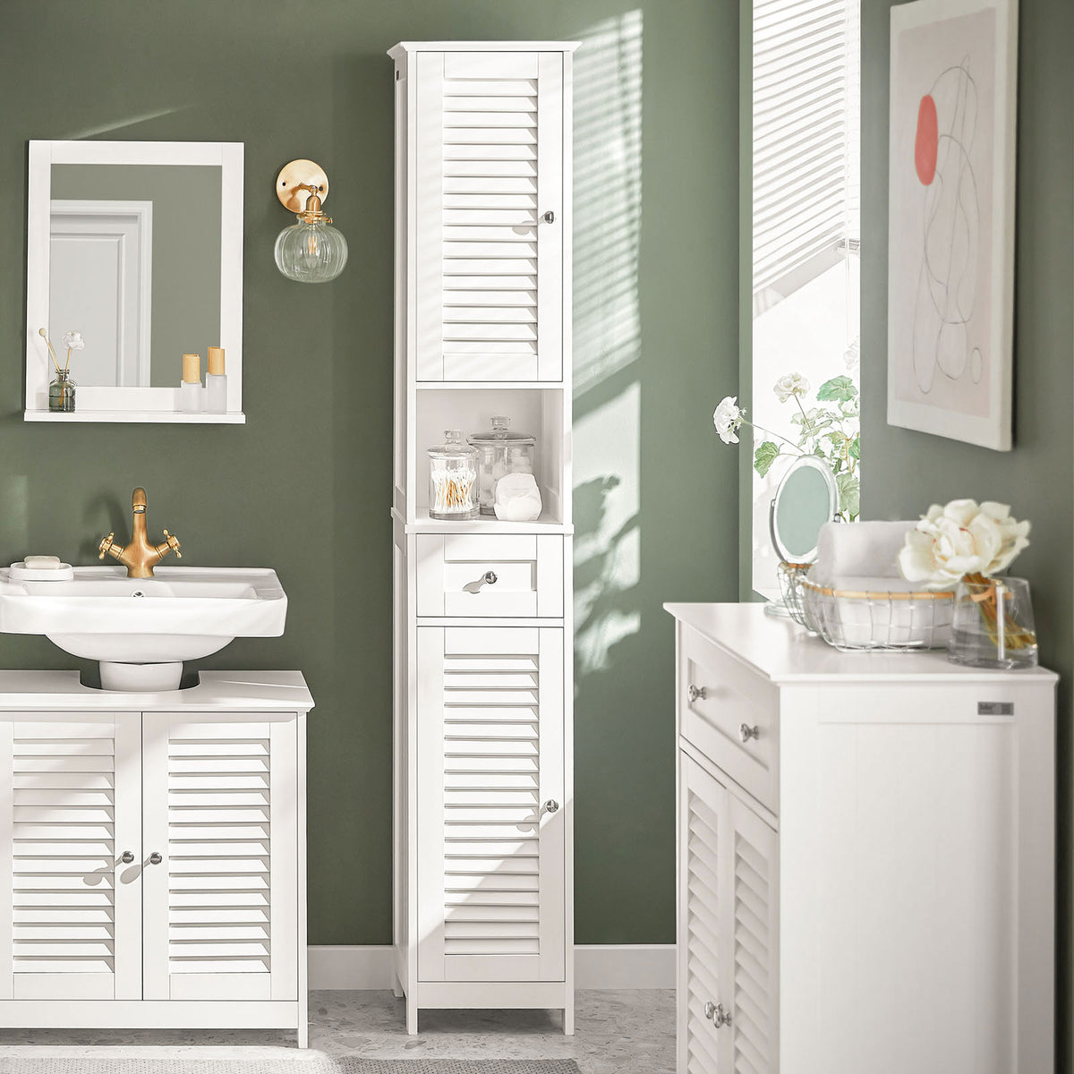 sebuyfr.comG236-W Colonne de Salle de Bain – 32 cm, 2 Portes Persiennes, Tiroir et Niche, Blanc