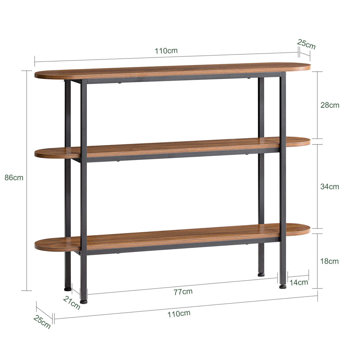 SoBuy FSB67-WS Table d’Appoint avec 2 Compartiments, Style Industriel, Design Fonctionnel, Usage Quotidien, Format Pratique – L110×P25×H86 cm, Noyer et Noir