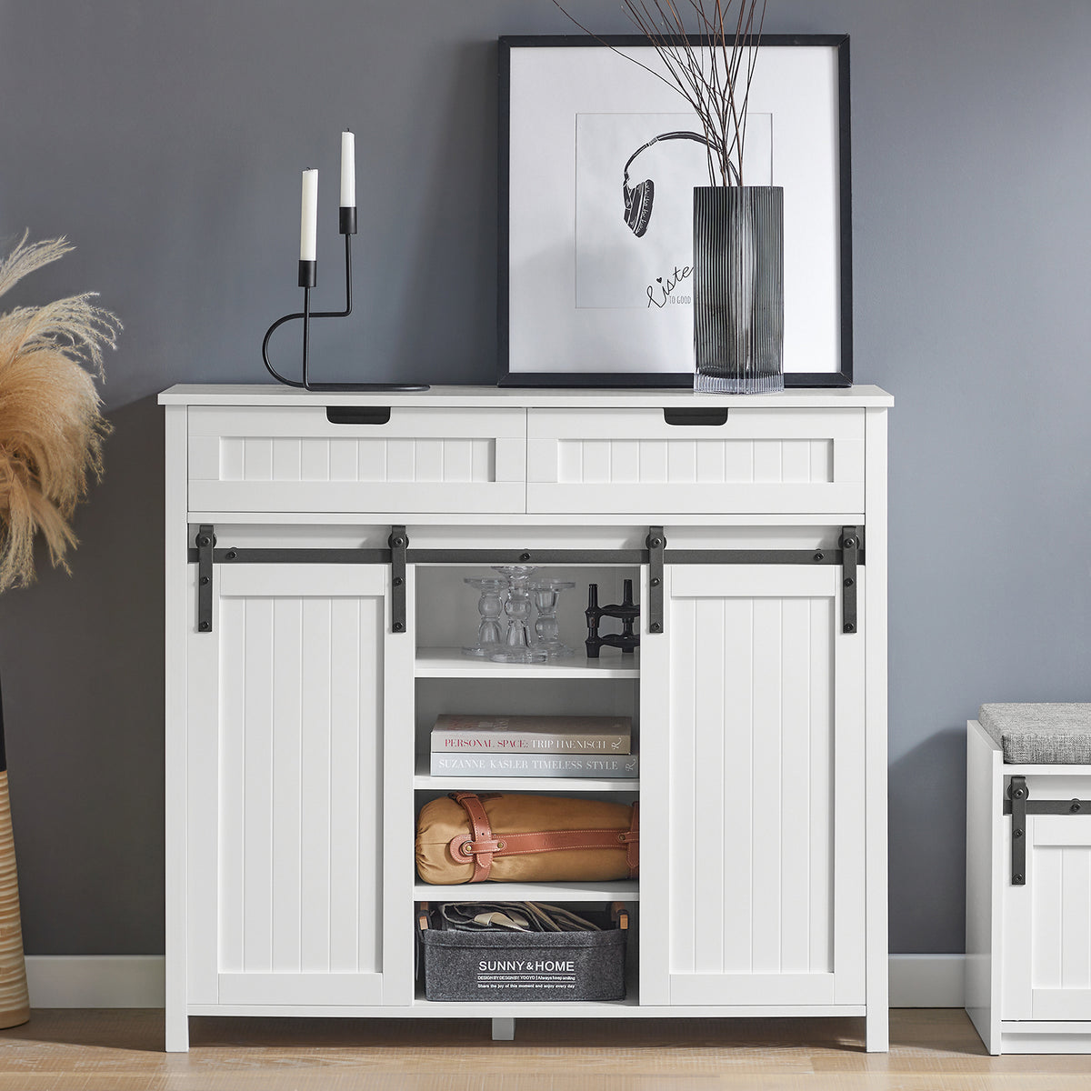 SoBuy FSB74-W Meuble d’Entrée avec Rangement Chaussures Intégré – 2 Portes Coulissantes et 2 Tiroirs – Entrée Organisée – 104x35x93 cm Blanc
