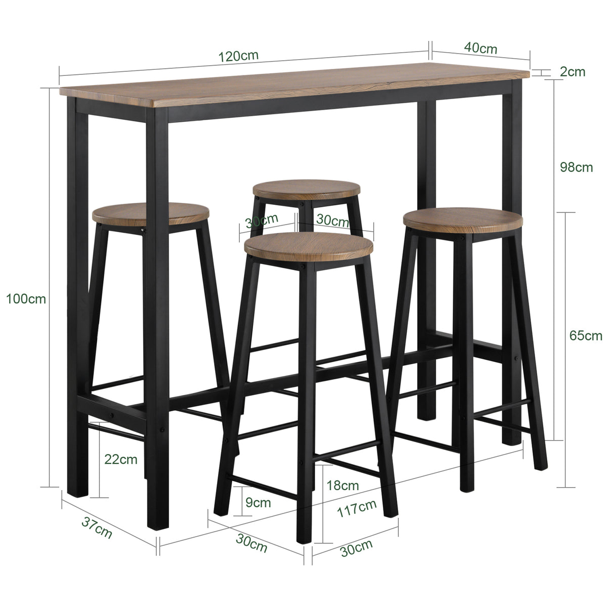 SoBuy OGT22-SCH Ensemble Table Haute et 4 Tabourets de Bar avec Repose-Pieds – L120×P40×H100 cm, Tabouret 150 kg, MDF + Acier Noir