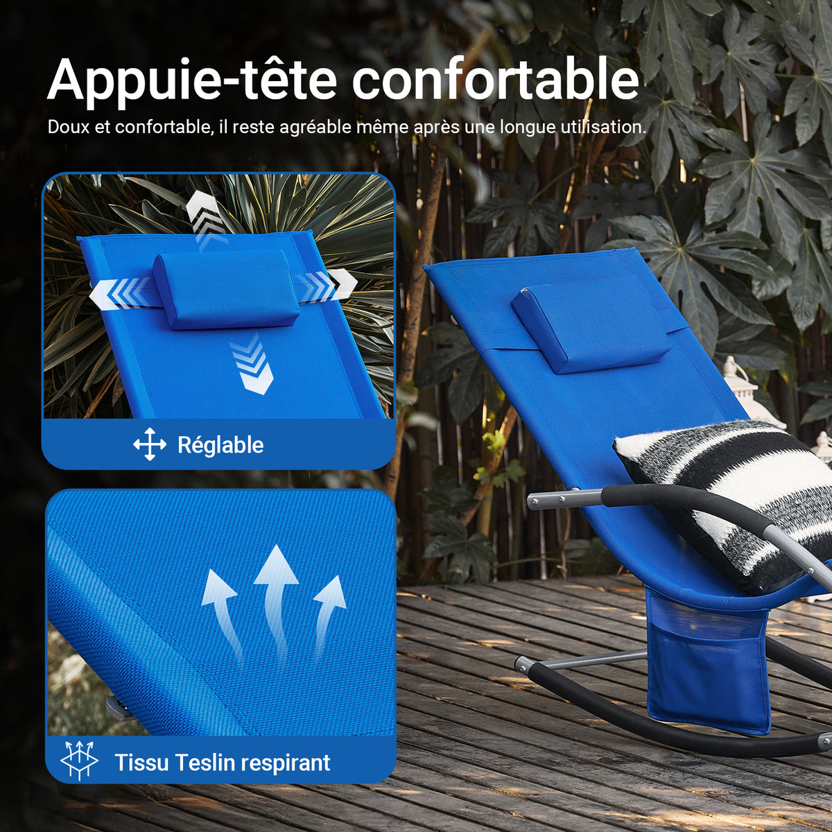 SoBuy OGS28-KB Chaise Longue Transat de Jardin Bascule avec Appui-tête Réglable et Pochette latérale