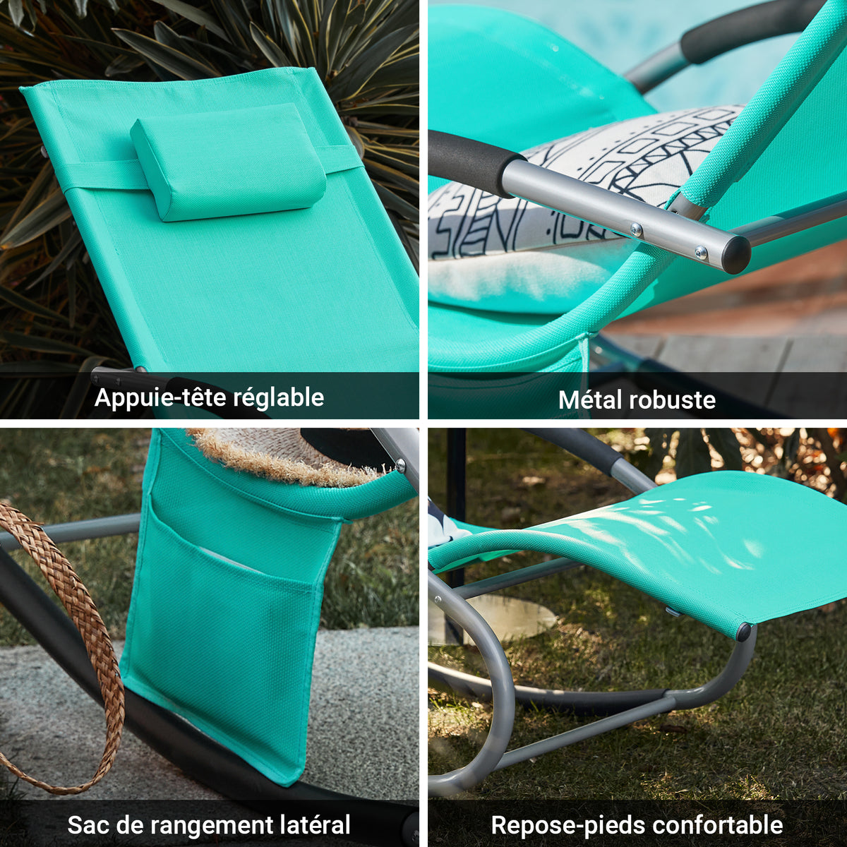 SoBuy OGS28-TBx2 Lot de 2 Chaise Longue Transat de Jardin Bascule avec Appui-tête Réglable et Pochette latérale