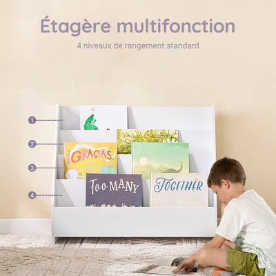 SoBuy KMB32-K-W Bibliothèque Enfant Montessori avec 4 Niveaux, Coins Arrondis et Dispositif Anti-Basculement – L70×P30×H60 cm, PB E1, Blanc