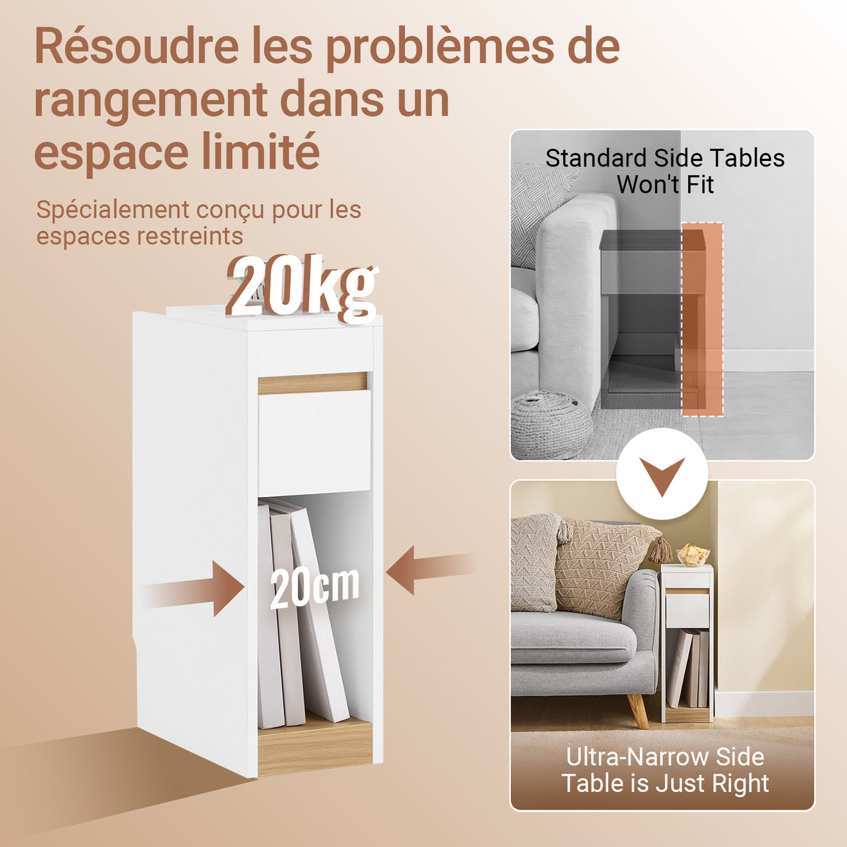 SoBuy FBT163-WN Table de Chevet Slim avec Tiroir, Plateau Amovible et Découpe pour Plinthe – L20×P35×H60 cm, Charge 20 kg, Blanc et Naturel