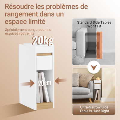SoBuy FBT163-WN Table de Chevet Slim avec Tiroir, Plateau Amovible et Découpe pour Plinthe – L20×P35×H60 cm, Charge 20 kg, Blanc et Naturel