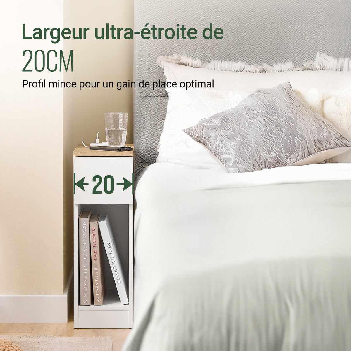SoBuy FBT111-E-WN Table de Chevet Étroite avec USB et Type-C – Largeur 20 cm
