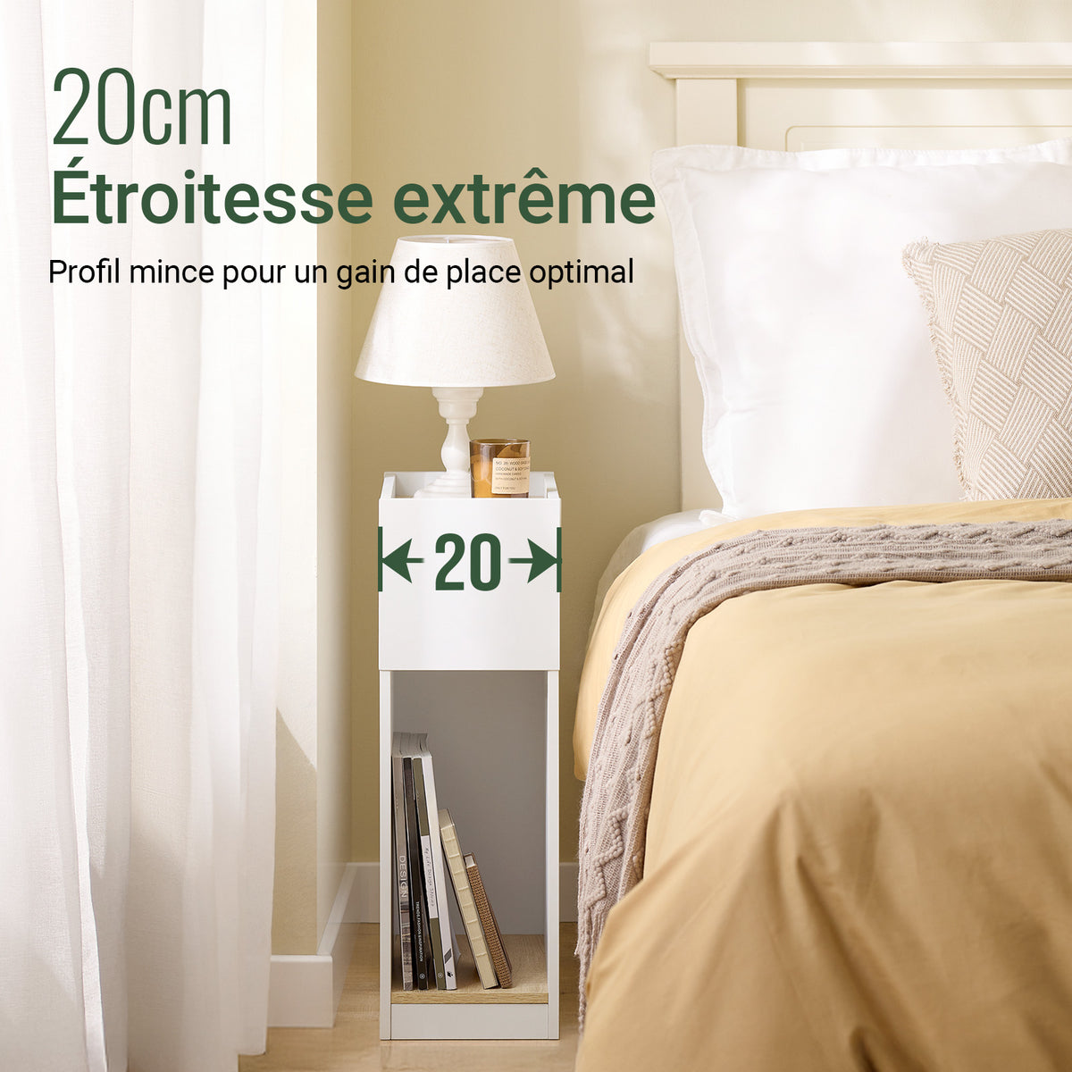 SoBuy FBT171-WN Table de Chevet Étroit, Table de Nuit avec Tiroir et Étagère, Meuble d 'appoint Moderne pour Chambre et Salon, Blanc, 20 x 35 x 60 cm