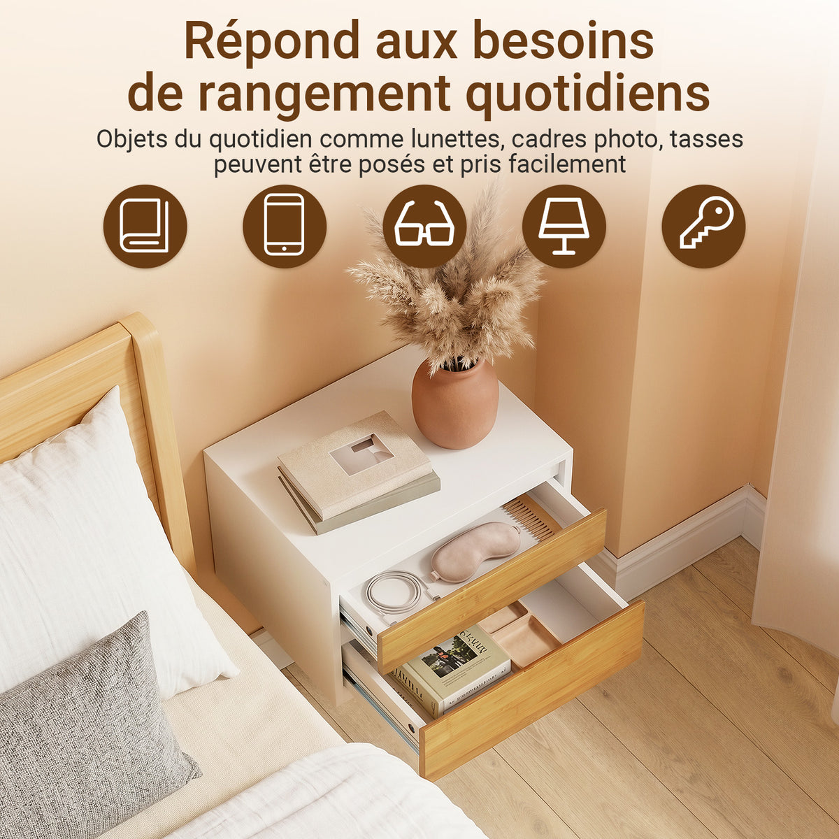 SoBuy FBT175-E-WN Table de Chevet Murale avec LED à Détection de Mouvement, 2 Tiroirs Push – Blanc/Naturel, 40×29,8×25,6 cm
