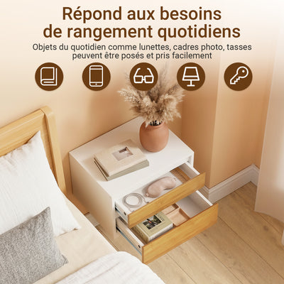 SoBuy FBT175-E-WN Table de Chevet Murale avec LED à Détection de Mouvement, 2 Tiroirs Push – Blanc/Naturel, 40×29,8×25,6 cm