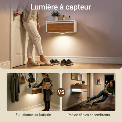 SoBuy FBT174-E-WN Table de Chevet Murale avec Lampe LED à Détection de Mouvement, 2 Tiroirs – Flottante, Blanc Naturel, 40×29,8×15,6 cm