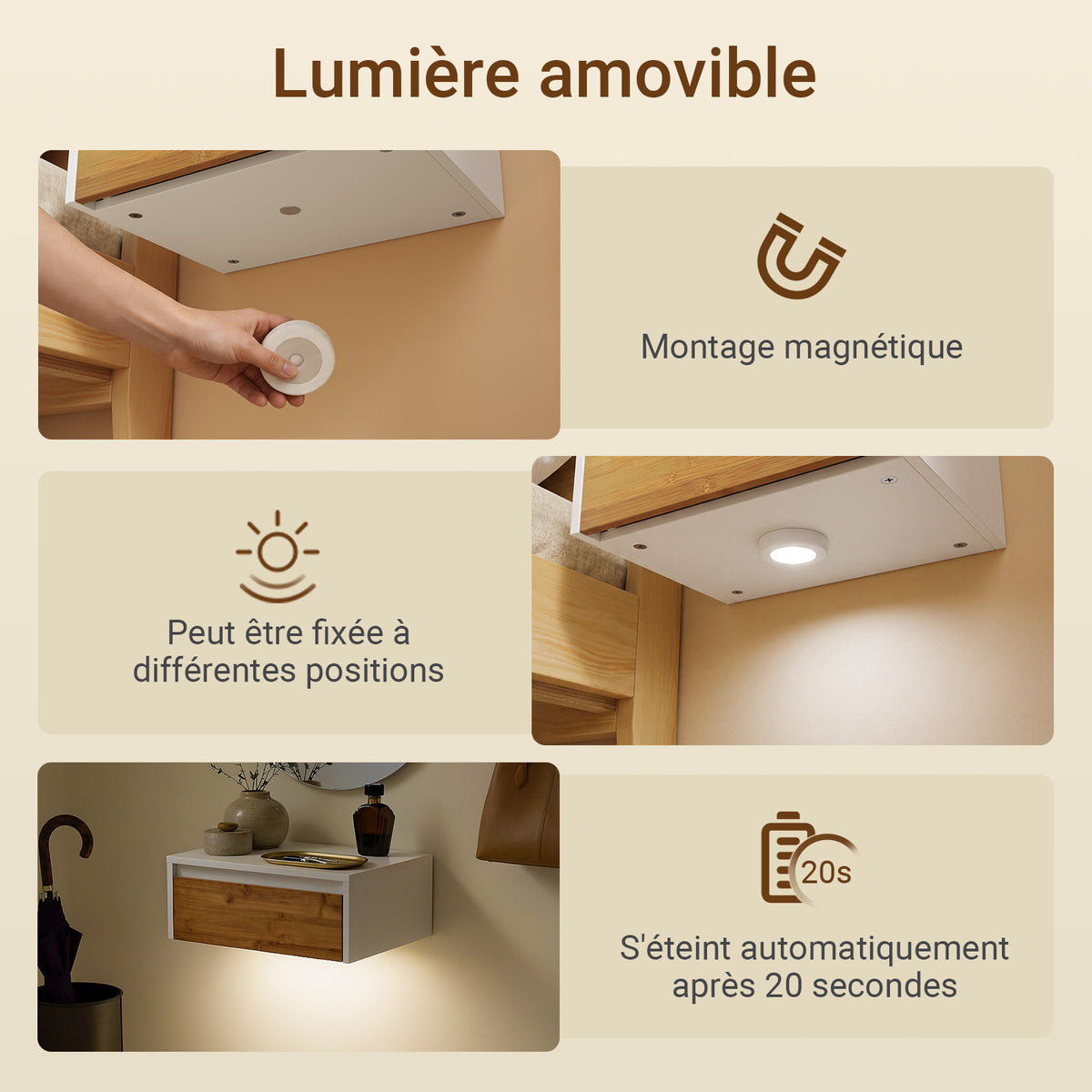 SoBuy FBT174-E-WN Table de Chevet Murale avec Lampe LED à Détection de Mouvement, 2 Tiroirs – Flottante, Blanc Naturel, 40×29,8×15,6 cm