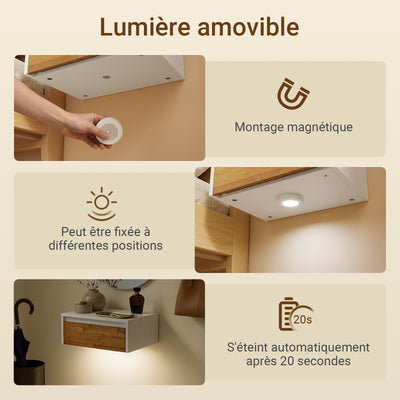 SoBuy FBT174-E-WN Table de Chevet Murale avec Lampe LED à Détection de Mouvement, 2 Tiroirs – Flottante, Blanc Naturel, 40×29,8×15,6 cm