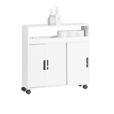 SoBuy BZR02-W Meuble WC Salle de Bain avec roulettes Petit Meuble de Rangement, avec 2 Portes Coulissantes et Étagère Ouverte