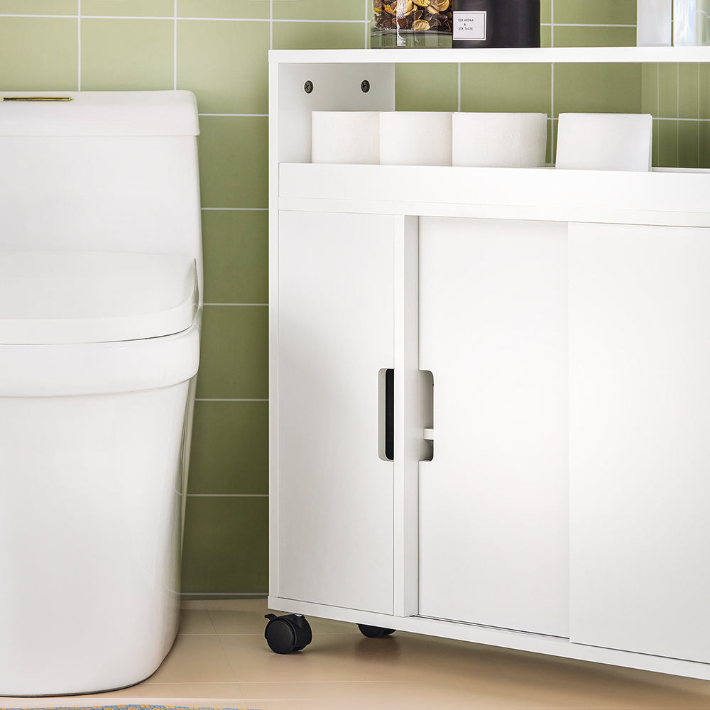SoBuy BZR02-W Meuble Salle de Bain à Roulettes avec 2 Portes Coulissantes – L70×P20×H71 cm, Charge 30 kg, MDF E1, Blanc