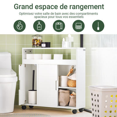 SoBuy BZR02-W Meuble Salle de Bain à Roulettes avec 2 Portes Coulissantes – L70×P20×H71 cm, Charge 30 kg, MDF E1, Blanc