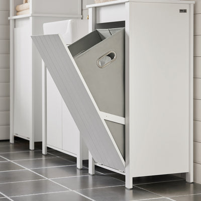 SoBuy BZR100-W Armoire à Linge avec Panier Rabattable et Sac Amovible à Poignées – L45×P35×H85,5 cm, Charge 15 kg, MDF E1, Blanc