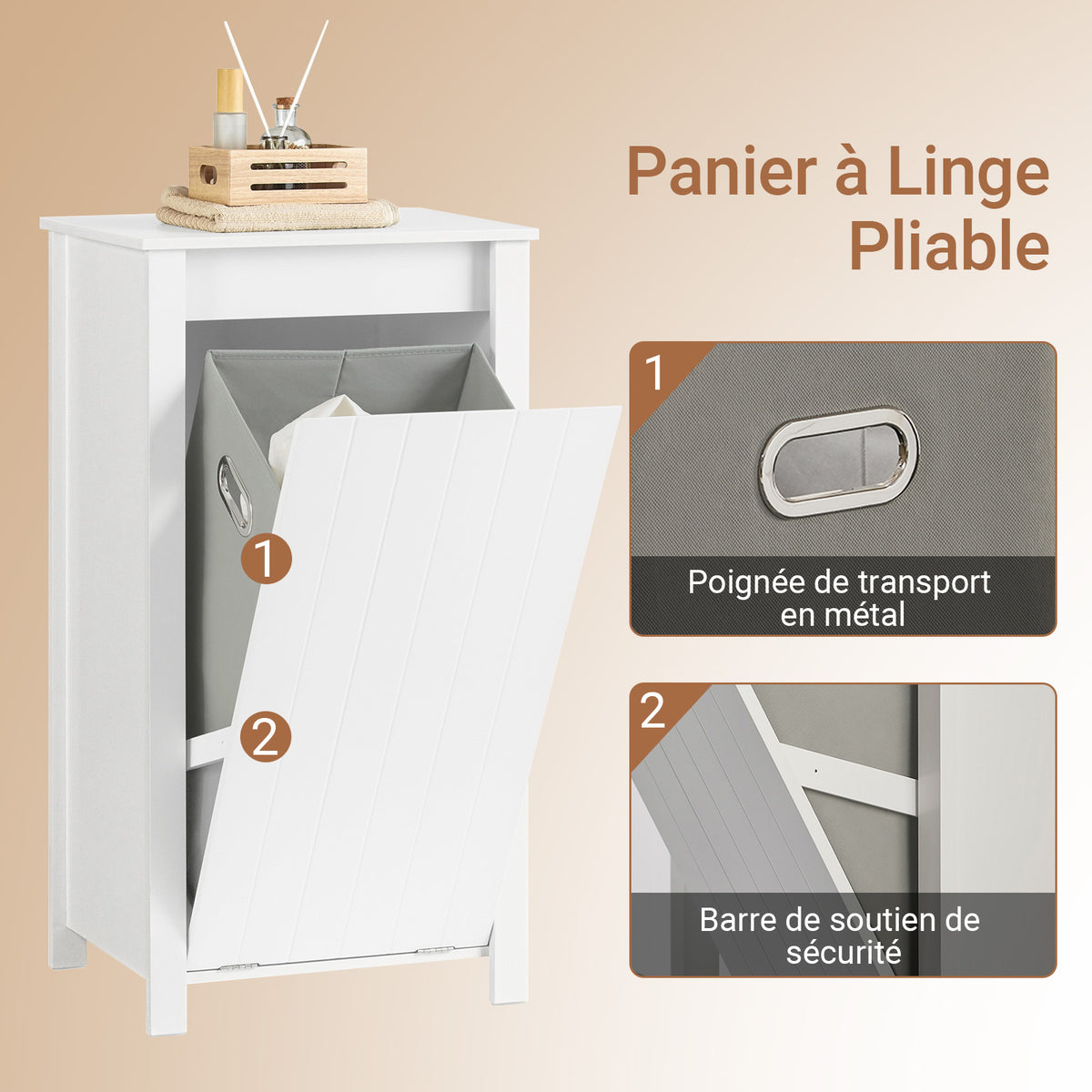 SoBuy BZR100-W Armoire à Linge avec Panier Rabattable et Sac Amovible à Poignées – L45×P35×H85,5 cm, Charge 15 kg, MDF E1, Blanc