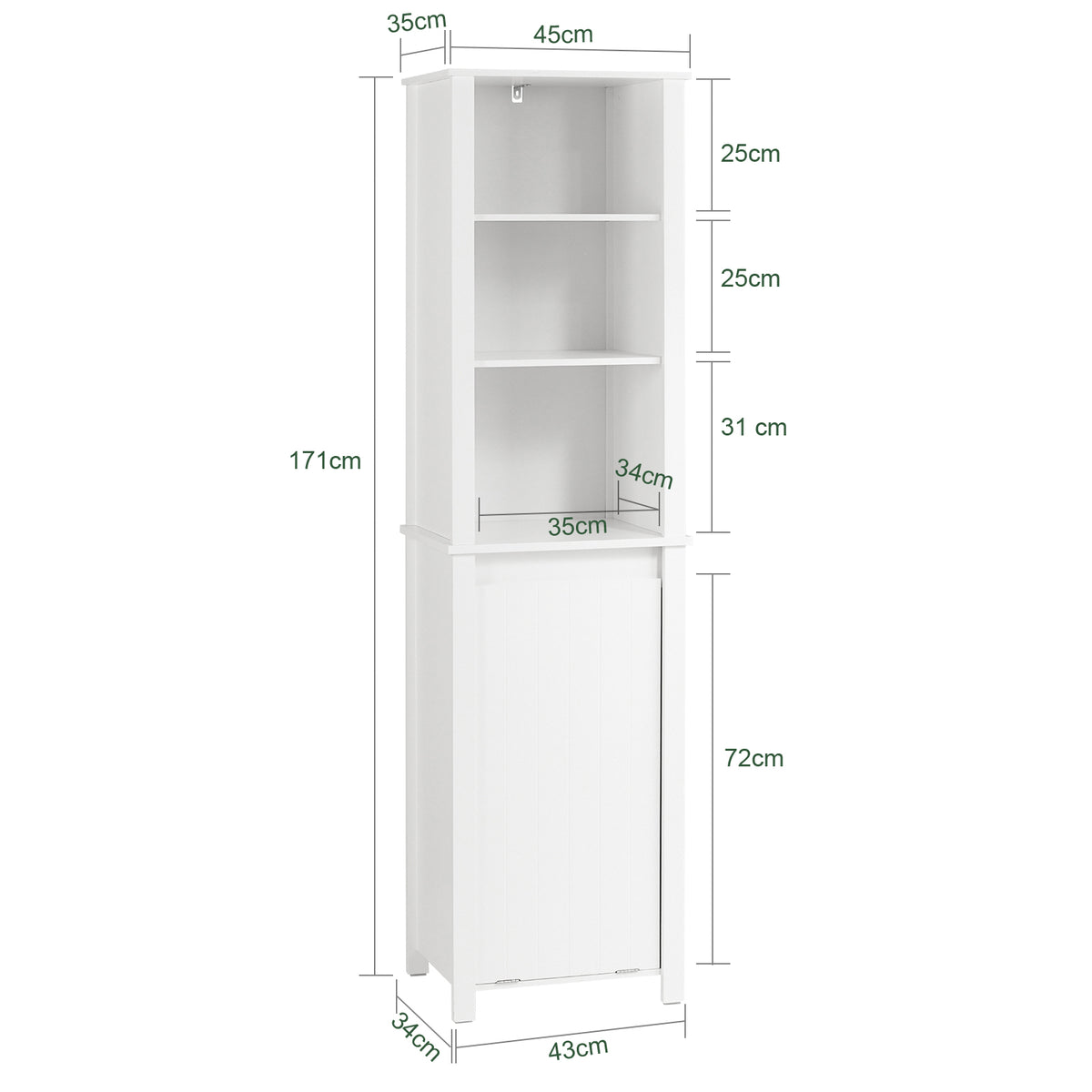 SoBuy BZR102-W Colonne Salle de Bain avec 3 Étagères et Sac à Linge Amovible – L45×P35×H171 cm, Charge 40 kg, Blanc