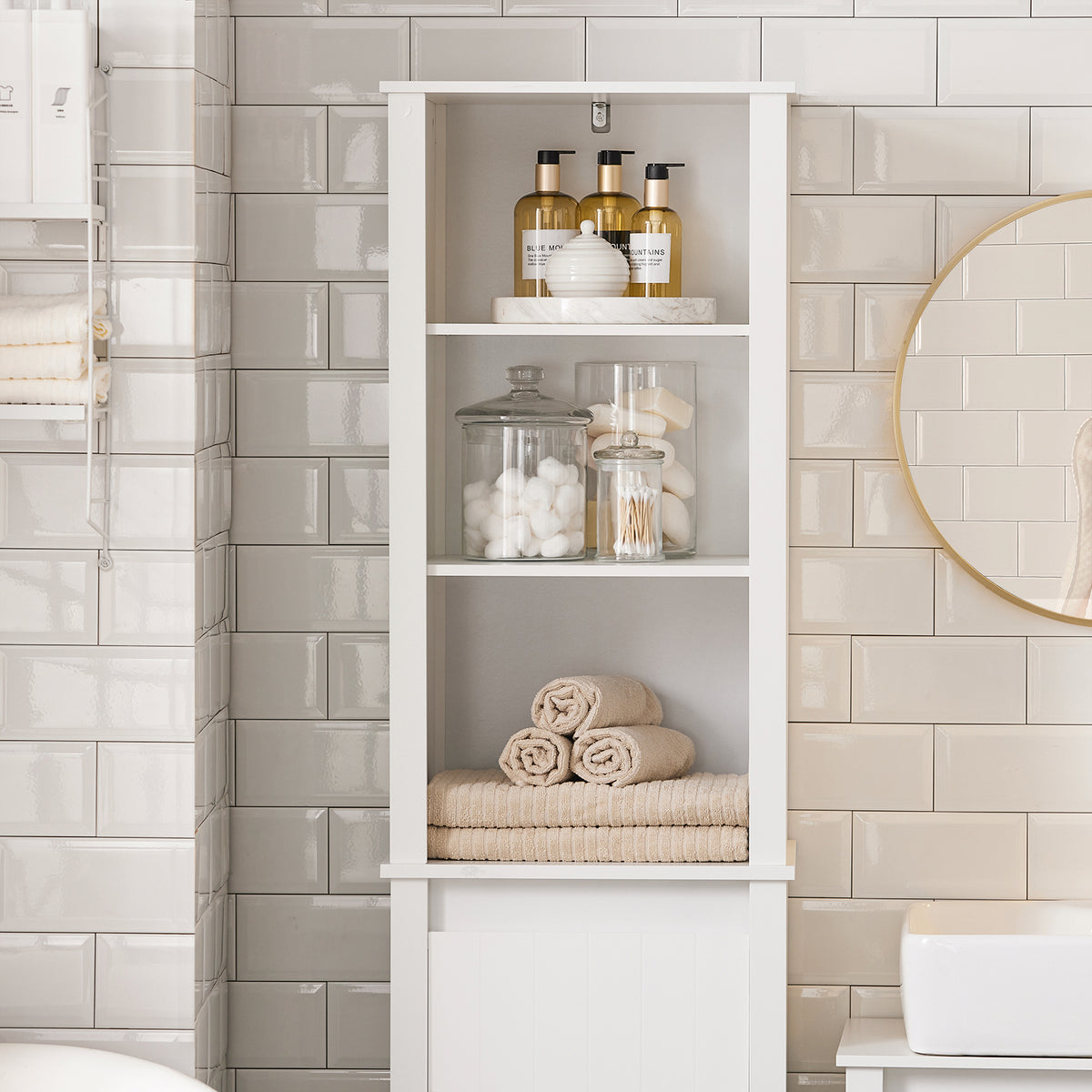 SoBuy BZR102-W Colonne Salle de Bain avec 3 Étagères et Sac à Linge Amovible – L45×P35×H171 cm, Charge 40 kg, Blanc