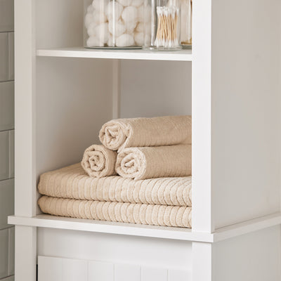 SoBuy BZR102-W Colonne Salle de Bain avec 3 Étagères et Sac à Linge Amovible – L45×P35×H171 cm, Charge 40 kg, Blanc